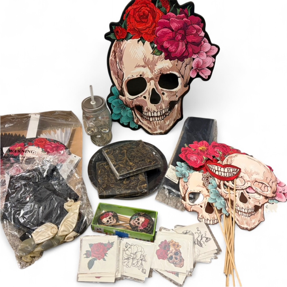Floral Skull Party Supplies Set - Pink & Red